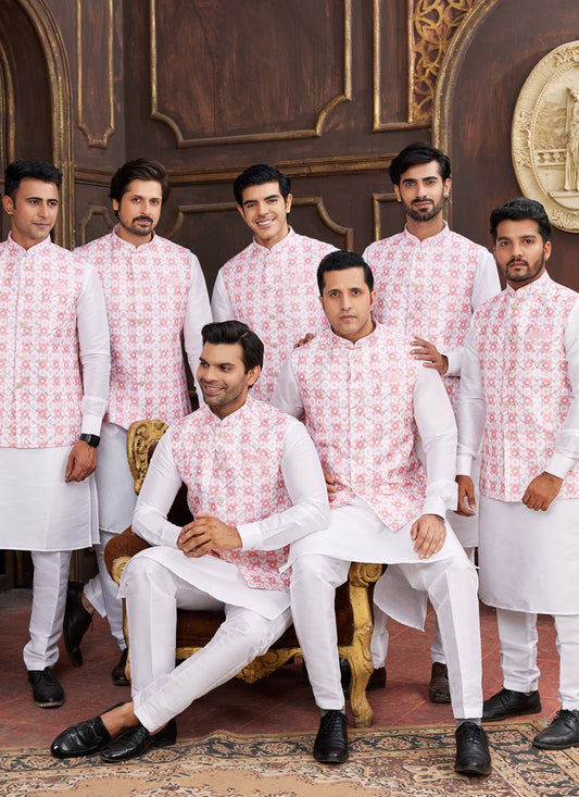 White Art Banarasi Silk Mens Kurta Pajama Set With Jacket