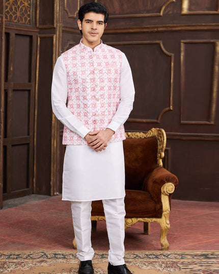 White Art Banarasi Silk Mens Kurta Pajama Set With Jacket