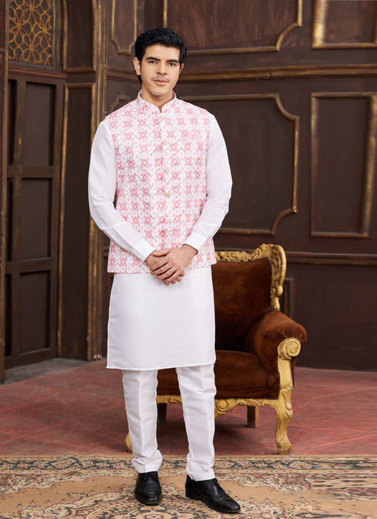 White Art Banarasi Silk Mens Kurta Pajama Set With Jacket