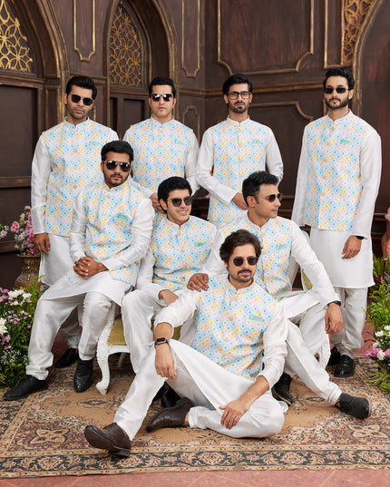 White Art Banarasi Silk Mens Kurta Pajama Set With Jacket