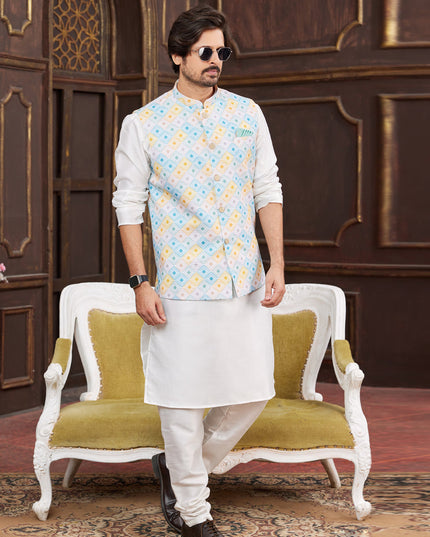 White Art Banarasi Silk Mens Kurta Pajama Set With Jacket