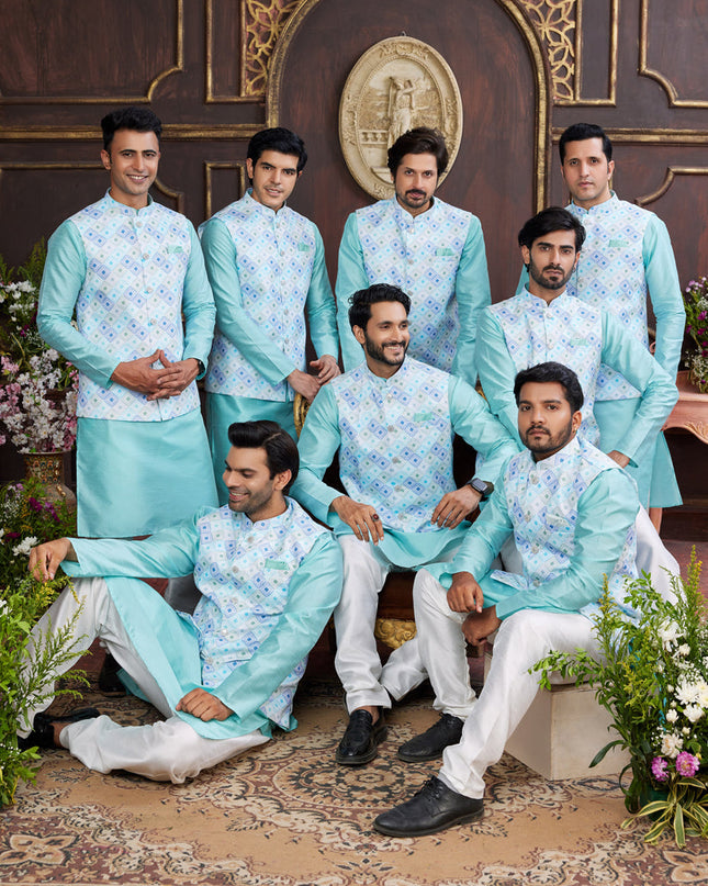 Aqua Blue Art Banarasi Silk Mens Kurta Pajama Set With Jacket