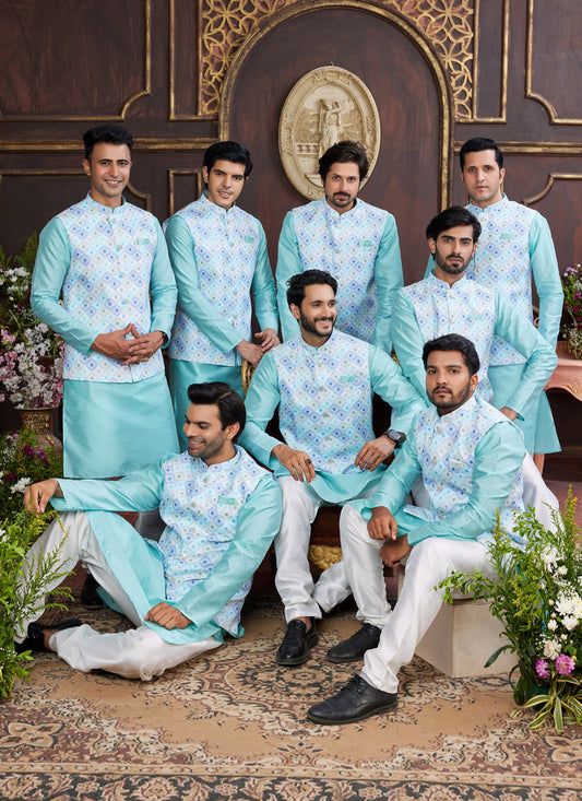Aqua Blue Art Banarasi Silk Mens Kurta Pajama Set With Jacket