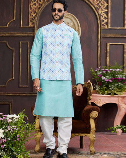 Aqua Blue Art Banarasi Silk Mens Kurta Pajama Set With Jacket