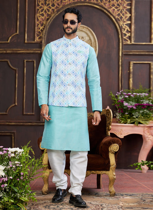 Aqua Blue Art Banarasi Silk Mens Kurta Pajama Set With Jacket