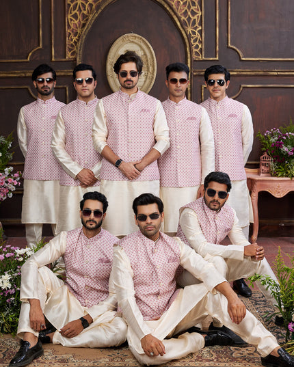 Off White Art Banarasi Silk Mens Kurta Pajama Set With Jacket