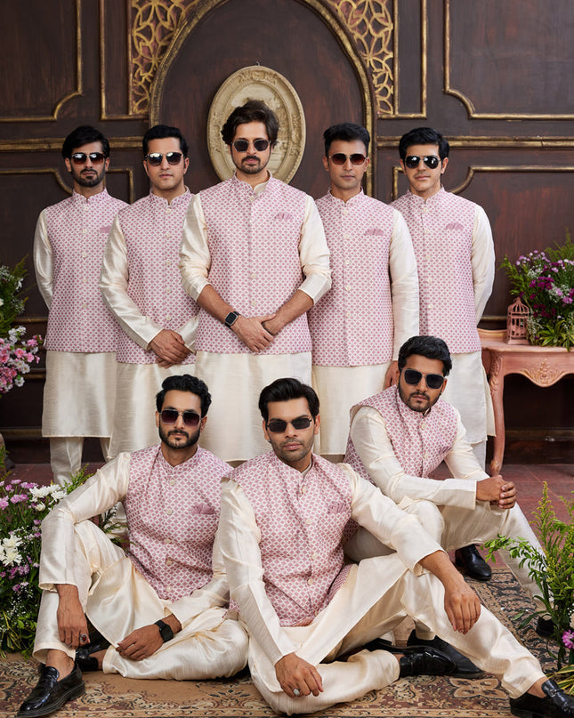 Off White Art Banarasi Silk Mens Kurta Pajama Set With Jacket