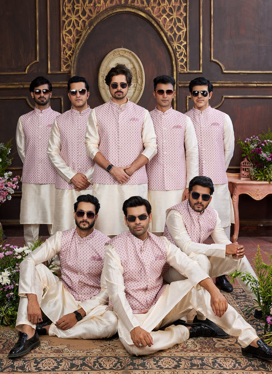 Off White Art Banarasi Silk Mens Kurta Pajama Set With Jacket
