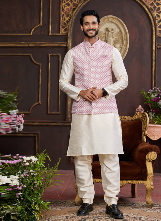 Off White Art Banarasi Silk Mens Kurta Pajama Set With Jacket