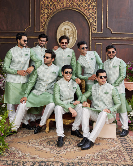 Mint Green Art Banarasi Silk Mens Kurta Pajama Set With Jacket