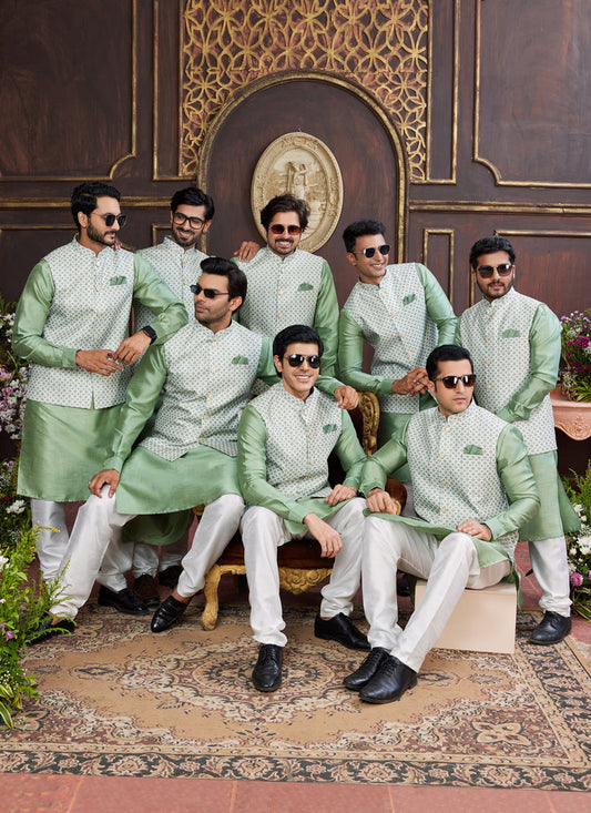 Mint Green Art Banarasi Silk Mens Kurta Pajama Set With Jacket