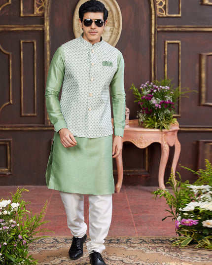 Mint Green Art Banarasi Silk Mens Kurta Pajama Set With Jacket