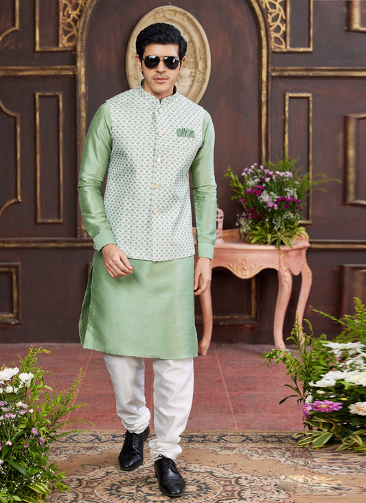 Mint Green Art Banarasi Silk Mens Kurta Pajama Set With Jacket