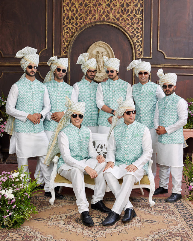 White Art Banarasi Silk Mens Kurta Pajama Set With Jacket