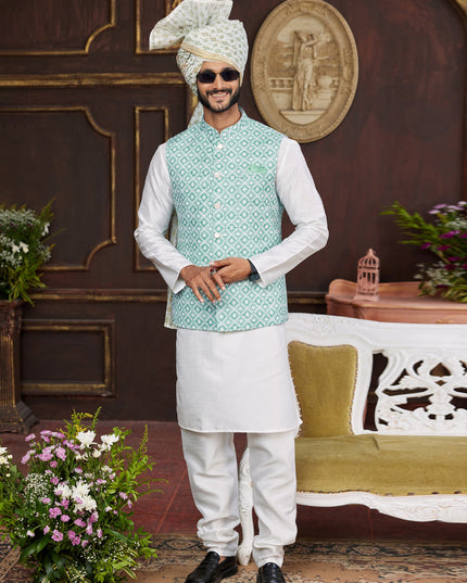 White Art Banarasi Silk Mens Kurta Pajama Set With Jacket