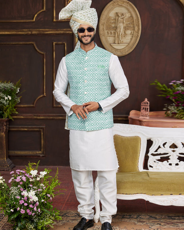White Art Banarasi Silk Mens Kurta Pajama Set With Jacket