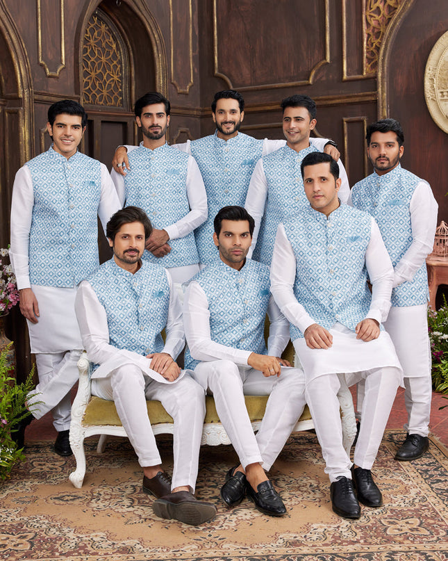 White Art Banarasi Silk Mens Kurta Pajama Set With Jacket