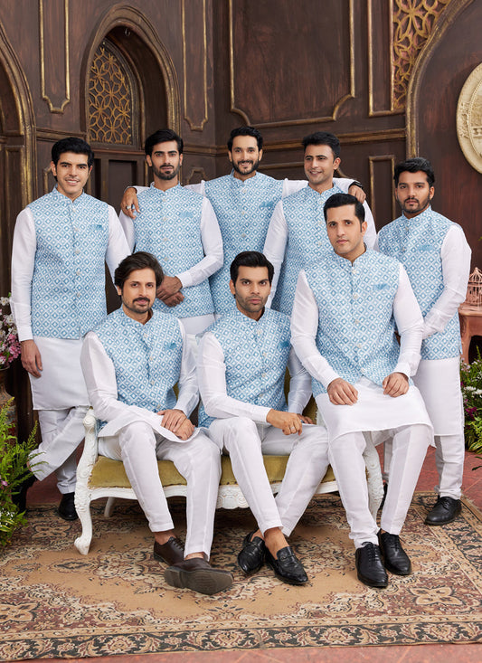 White Art Banarasi Silk Mens Kurta Pajama Set With Jacket