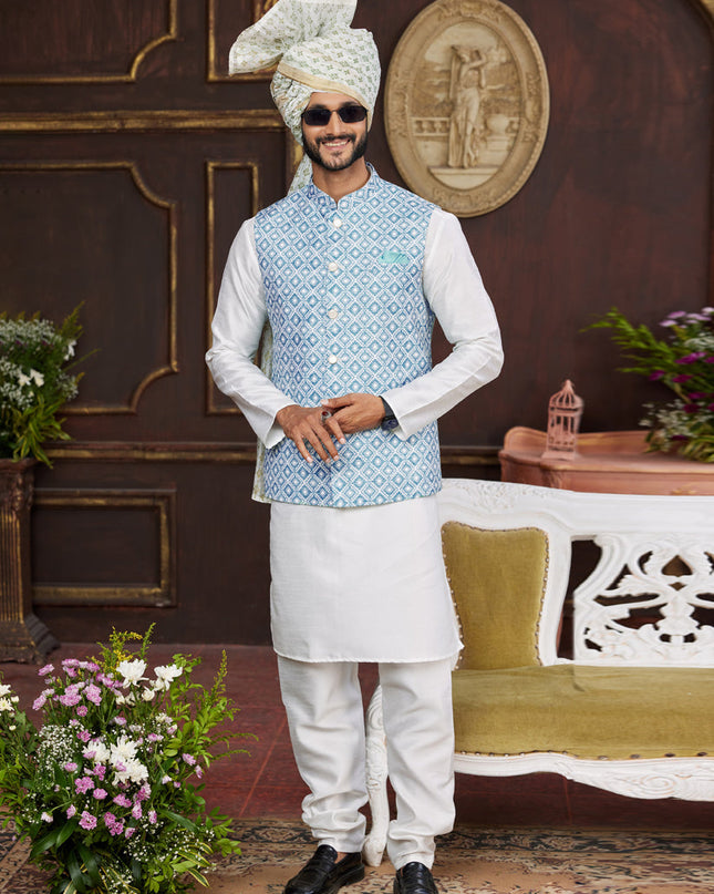 White Art Banarasi Silk Mens Kurta Pajama Set With Jacket