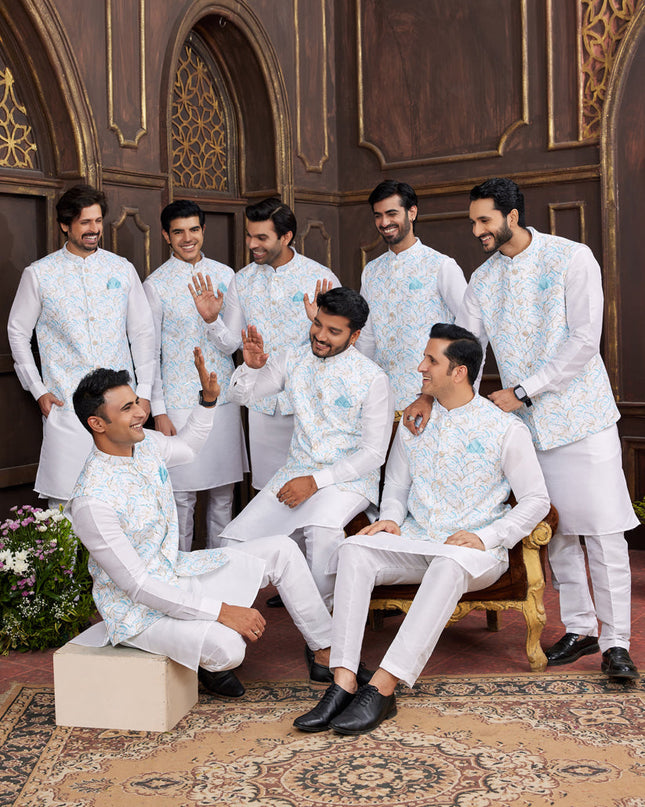 White Art Banarasi Silk Mens Kurta Pajama Set With Jacket