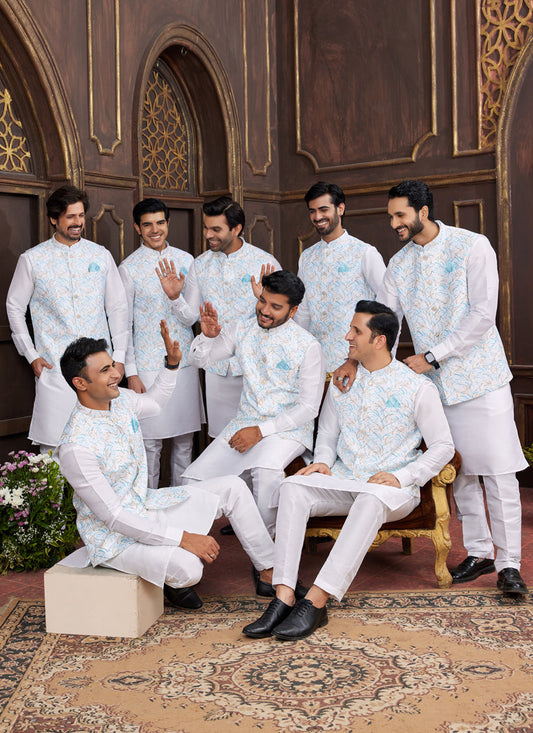 White Art Banarasi Silk Mens Kurta Pajama Set With Jacket