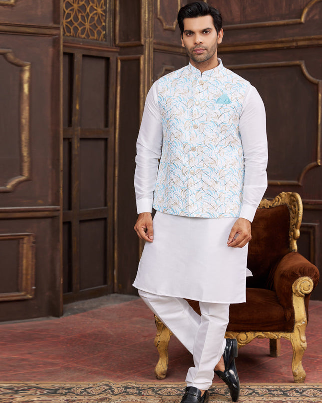 White Art Banarasi Silk Mens Kurta Pajama Set With Jacket