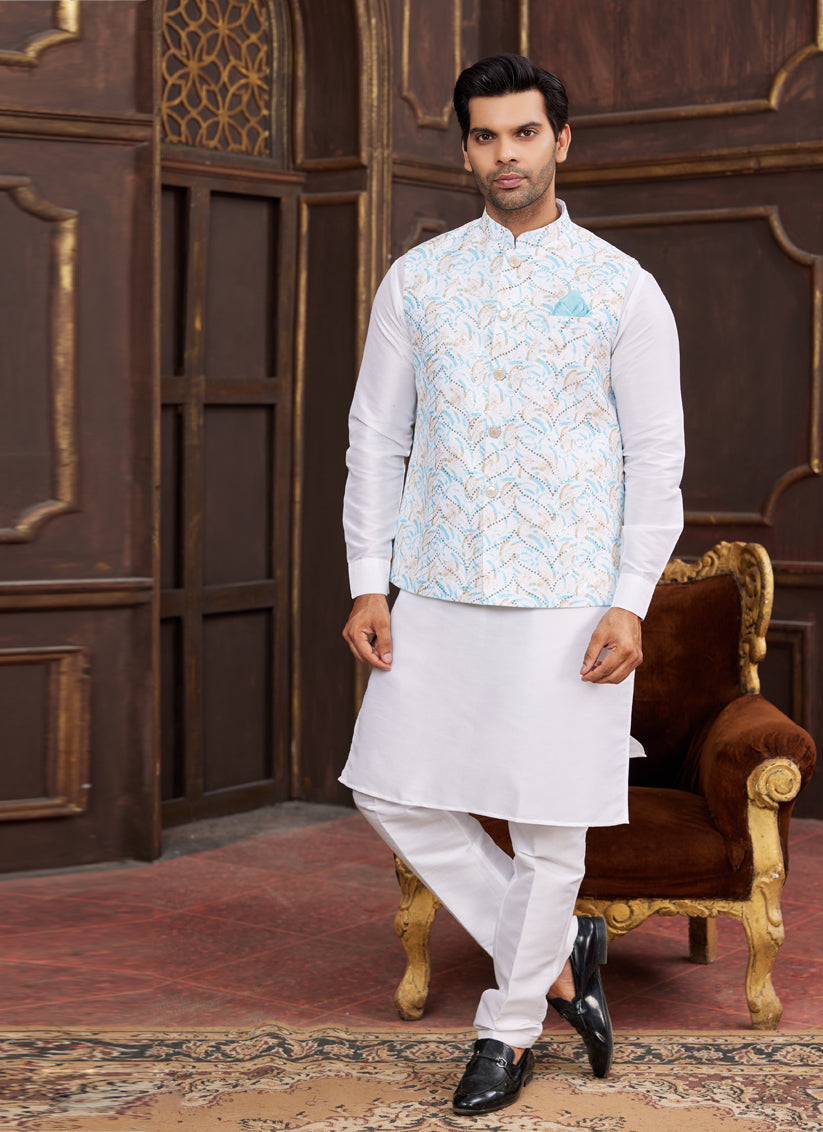 White Art Banarasi Silk Mens Kurta Pajama Set With Jacket