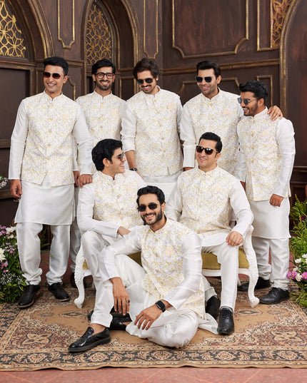 White Art Banarasi Silk Mens Kurta Pajama Set With Jacket