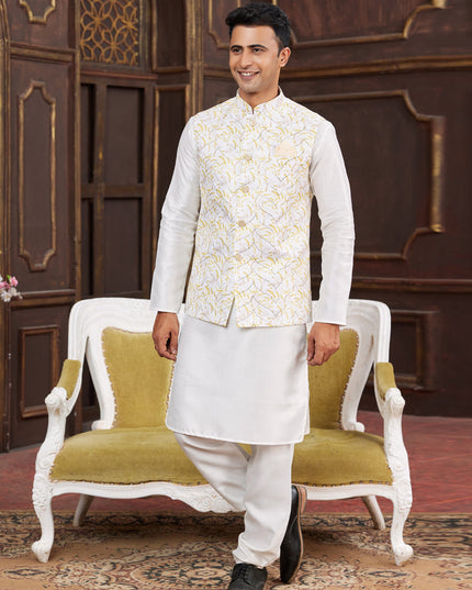 White Art Banarasi Silk Mens Kurta Pajama Set With Jacket