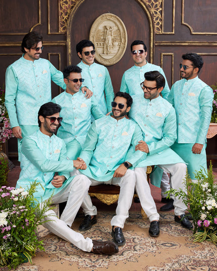 Aqua Blue Art Banarasi Silk Mens Kurta Pajama Set With Jacket