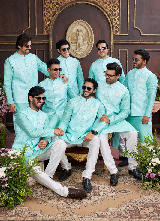 Aqua Blue Art Banarasi Silk Mens Kurta Pajama Set With Jacket