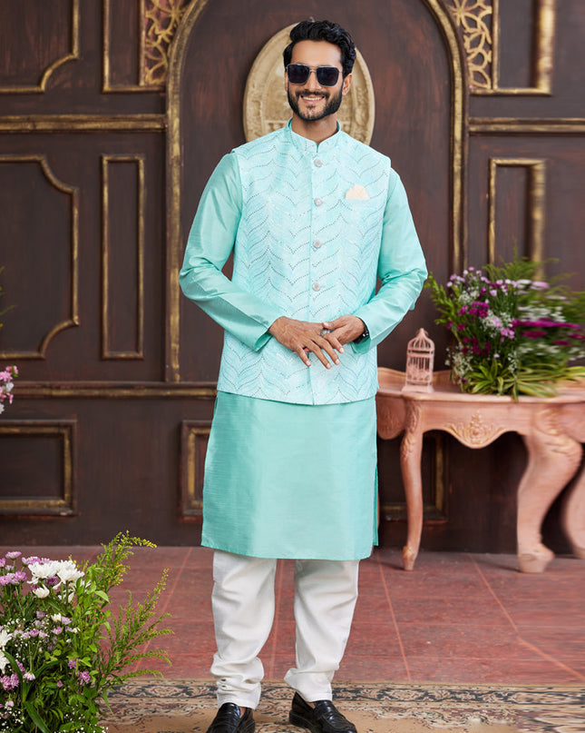 Aqua Blue Art Banarasi Silk Mens Kurta Pajama Set With Jacket