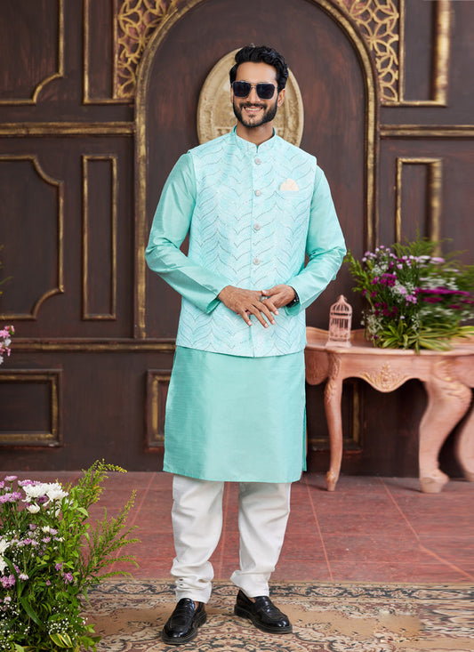 Aqua Blue Art Banarasi Silk Mens Kurta Pajama Set With Jacket