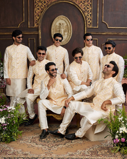 Cream Art Banarasi Silk Mens Kurta Pajama Set With Jacket