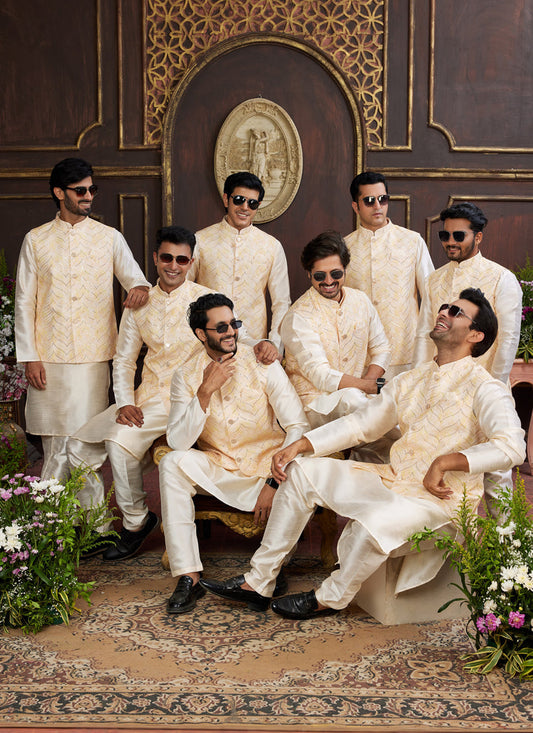 Cream Art Banarasi Silk Mens Kurta Pajama Set With Jacket