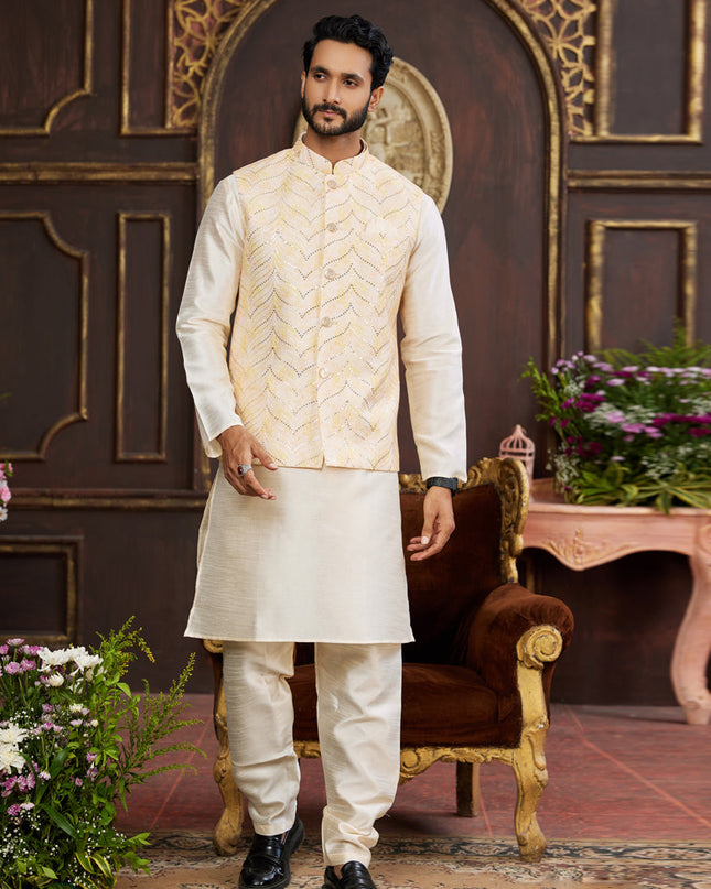 Cream Art Banarasi Silk Mens Kurta Pajama Set With Jacket