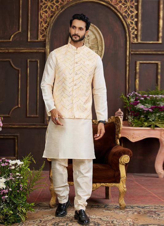 Cream Art Banarasi Silk Mens Kurta Pajama Set With Jacket
