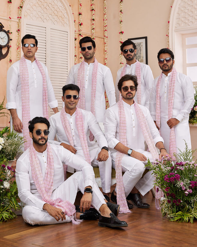 White Art Silk Mens Kurta Pajama Set With Stole