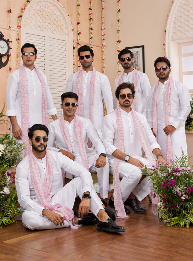 White Art Silk Mens Kurta Pajama Set With Stole