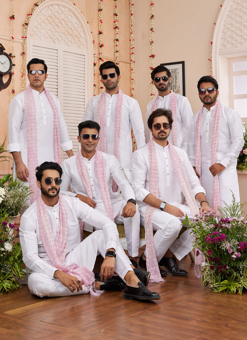 White Art Silk Mens Kurta Pajama Set With Stole