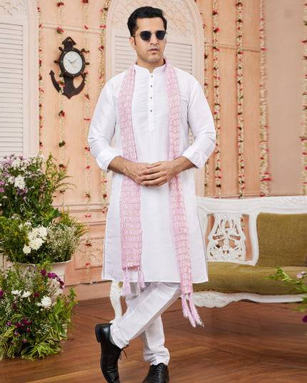 White Art Silk Mens Kurta Pajama Set With Stole