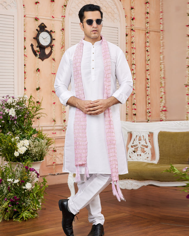 White Art Silk Mens Kurta Pajama Set With Stole