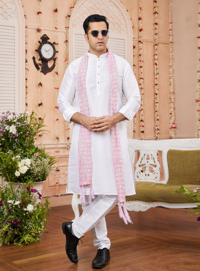 White Art Silk Mens Kurta Pajama Set With Stole