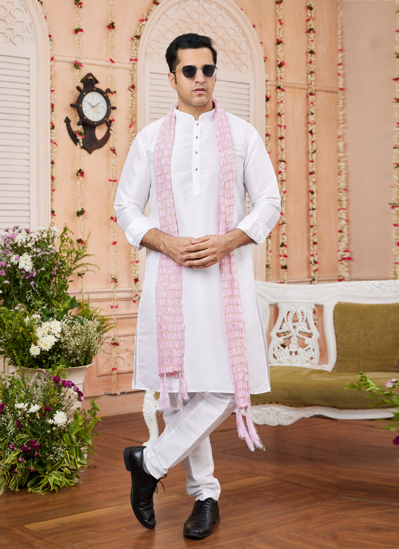 White Art Silk Mens Kurta Pajama Set With Stole