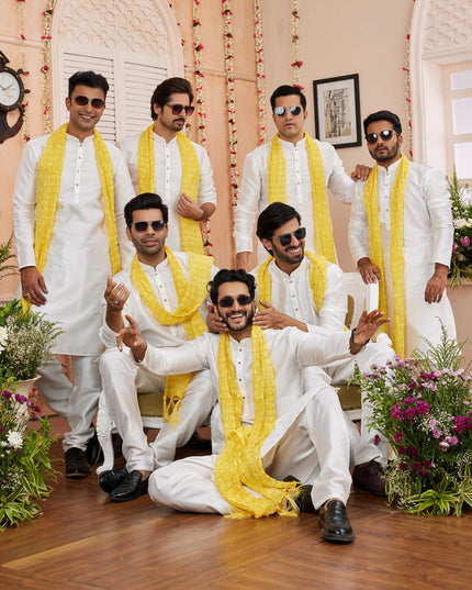 White Art Silk Mens Kurta Pajama Set With Stole