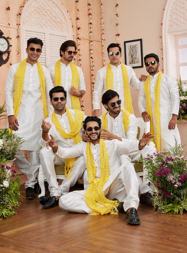 White Art Silk Mens Kurta Pajama Set With Stole