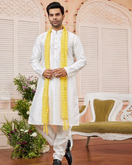 White Art Silk Mens Kurta Pajama Set With Stole