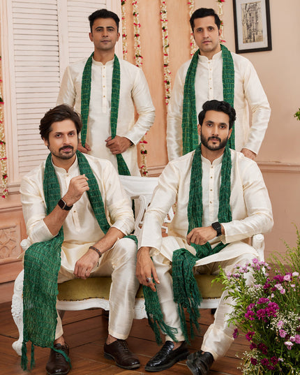 Cream Art Silk Mens Kurta Pajama Set With Stole