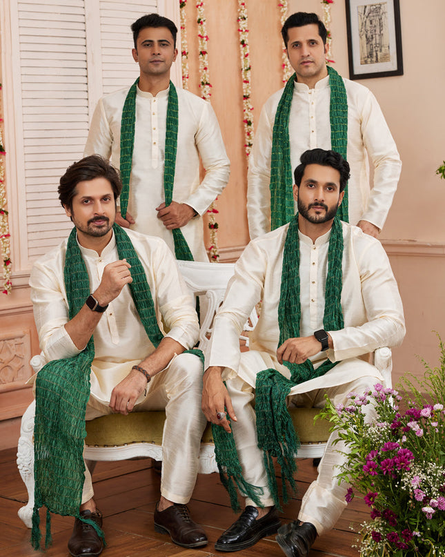 Cream Art Silk Mens Kurta Pajama Set With Stole