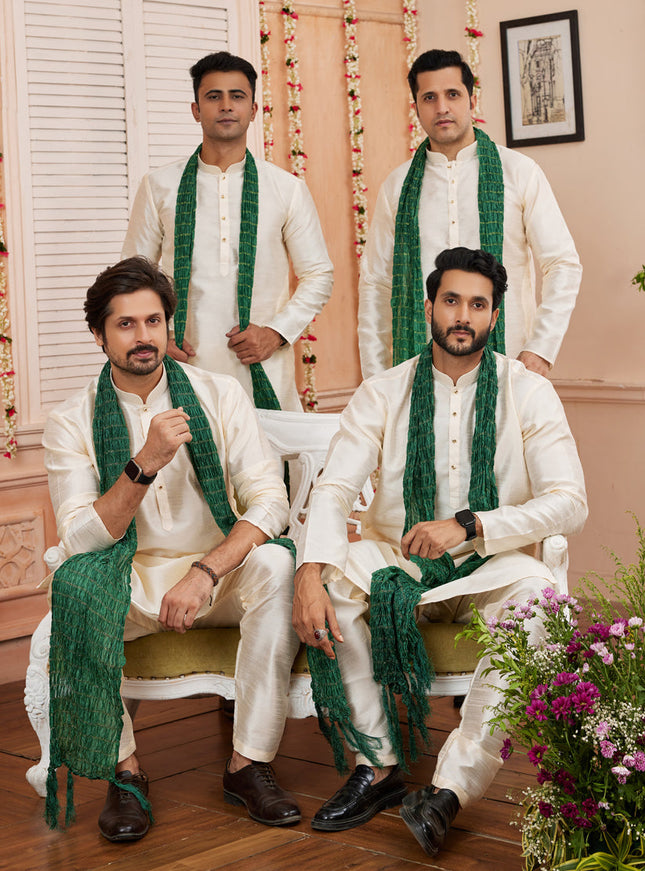 Cream Art Silk Mens Kurta Pajama Set With Stole